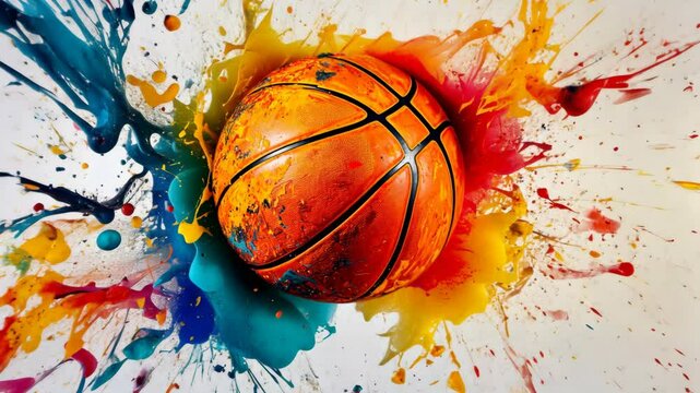 A basketball bursts through a colorful paint explosion, creating a vibrant and dynamic scene