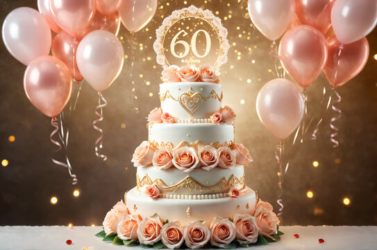 60th wedding anniversary celebration. Wedding cake and bouquet of rose flower. Romantic background.
