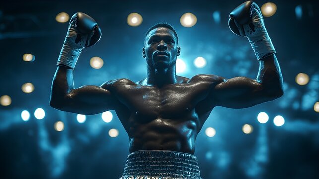 African American boxing champion triumphantly raising hands, intense focus, vibrant stadium lights casting dynamic shadows, fierce energy, gritty realism