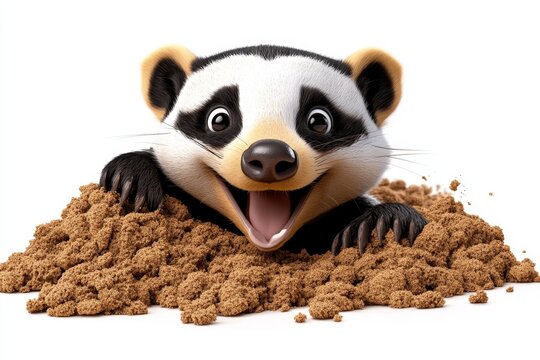 a 2D cartoon illustration of a playful badger digging in the ground white background