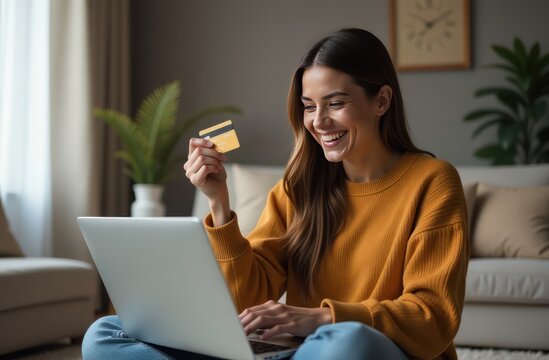 Beautiful young woman shopping online with credit cards at home.