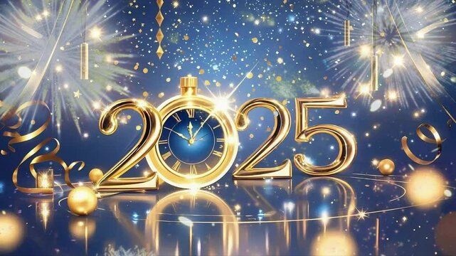 Happy New Year 2025 Clock For Countdown golden particle bokeh background New year 2025 4k full hd video