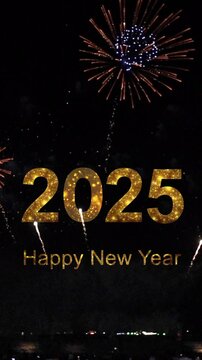 vertical, happy new year 2025, celebration fireworks in the night sky, people watching fireworks, concept merry christmas and happy new year