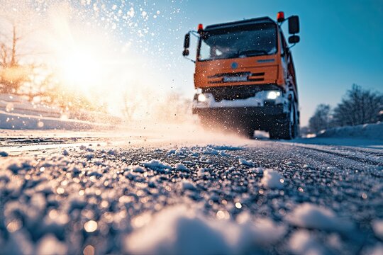 A snowplow sprinkles salt or de-icing chemicals on sidewalks. bright sun. 