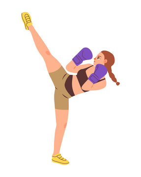 Woman boxing in the gym, wearing gloves. Female athlete sparring in the boxing ring. Flat vector illustration