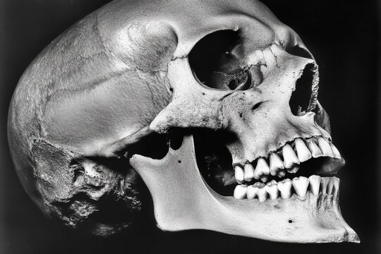 A side profile of a skull highlighting the defining features of teeth and the jawbone line, representing the intricate design of human anatomy and strength.