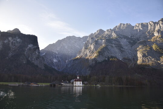 St Bartholomew's Church standing on the shore of Königssee