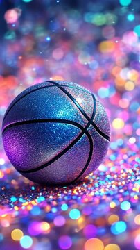 A basketball is sitting on a glittery surface. The ball is blue and white. The glitter is purple and pink