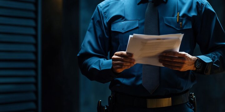 A police officer investigating a corruption case with evidence documents, emphasizing law enforcement's role in anti-corruption efforts