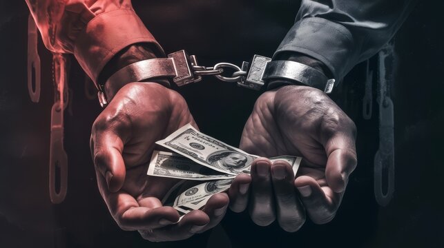 Dirty hands in handcuffs, with money, International Anti-Corruption Day. Poster on the topic of corruption and crimes related to theft