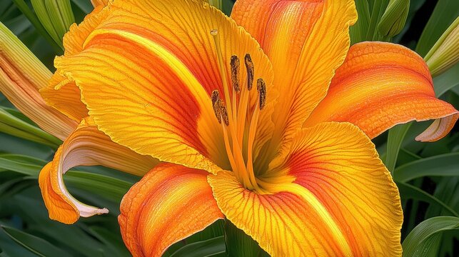 Vibrant orange lily flower blooming in lush green foliage.