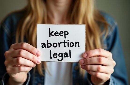 Woman holds sign says Keep abortion legal. Activist displays message for reproductive rights. Caucasian female with light hair in studio setting. Advocates for legal abortion. Photo for human rights,