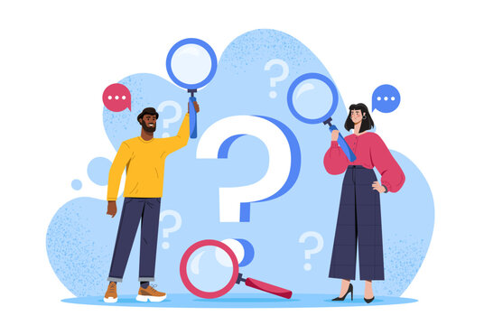 People finding answers. Man and woman with magnifying glass looking for answers to questions. Decision making and choice. Doubt and dilemma. Flat vector illustration isolated on white background