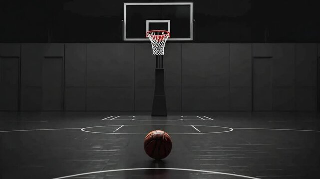 A minimalist dark basketball court with one basketball under a spotlight. Digital artwork for sports-related themes and fitness concepts, perfect for backgrounds and digital designs. Generative AI