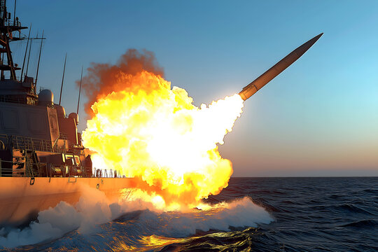 A long-range missile armed with a nuclear warhead is fired from a destroyer floating in the middle of the ocean.