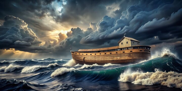 Vintage Style Photography of Noah's Ark Battling a Stormy Sea with Biblical Themes of Faith, Survival, and Divine Protection in a Dramatic Religious Setting