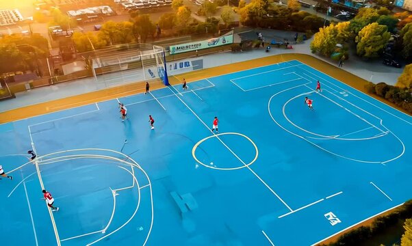 high-energy outdoor basketball game on a vibrant blue court