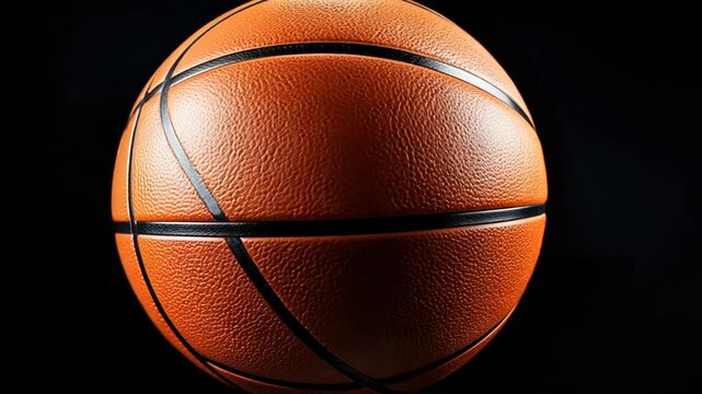 A close-up image of a basketball showcasing its texture and seams against a dark background.