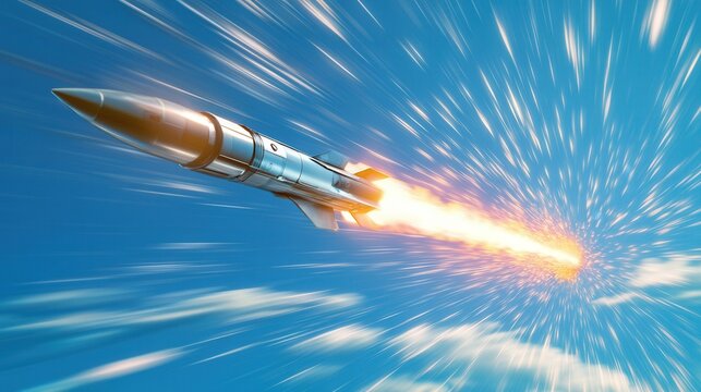 High-Speed Missile Launch Supersonic Rocket Soaring Through a Vivid Blue Sky with Dramatic Motion Blur and Fiery Exhaust Trail - Stock Photo