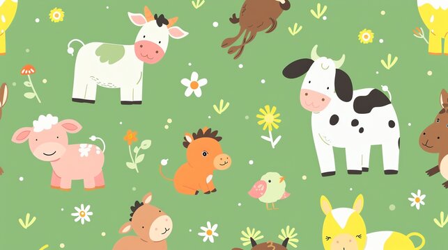 A seamless pattern with cartoon farm animals on a green background.