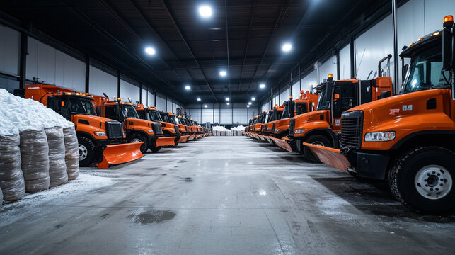 A winter-ready garage showcasing orange snowplow trucks lined up in perfect symmetry, with bags of road salt stacked nearby for added preparation.