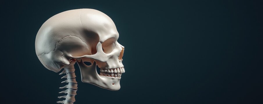 A side view of a human skull and spine against a dark background, highlighting anatomical features and structure.