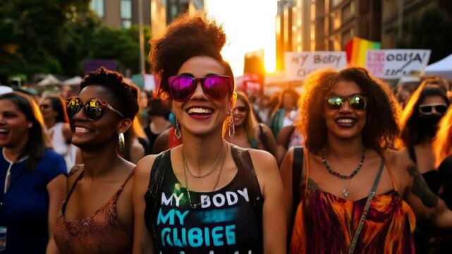 Women celebrating at a feminist protest, wearing vibrant outfits and sunglasses, holding pro-choice signs during a sunset march