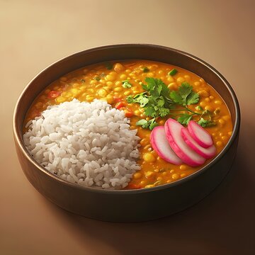  Nepalese dal bhat tarkari, featuring a bowl of lentil soup, steamed white rice, and vegetable curry. Garnished with fresh coriander and served with a side of pickled radish. 