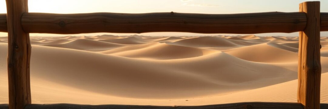 A wooden frame stands in the middle of the vast Bintan desert landscape, sand, desert