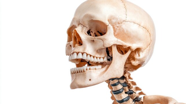 This image showcases a side profile of a realistic human skull, highlighting anatomical details such as the jaw, teeth, and cranial structure against a white background.