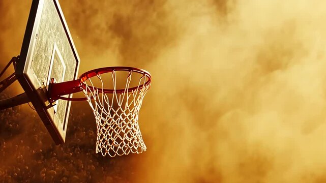 Dramatic low-angle shot of a basketball hoop shrouded in golden smoke or dust, evoking excitement and intensity. Perfect for sports, action, and competition themes.