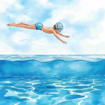 Watercolor illustration clipart of a young swimmer diving into a pool with ripples below, Digital clipart watercolor aesthetic,  isolated on white background.