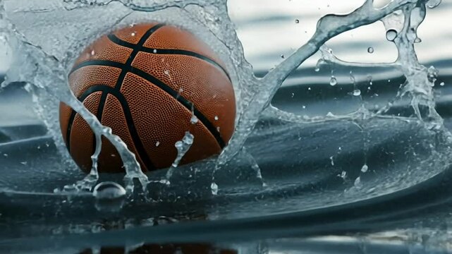 A basketball partially submerged in water, creating splashes around it.