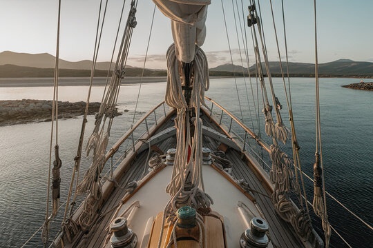 High-angle view of a sailing boat, aerial photography of ship deck from main spar