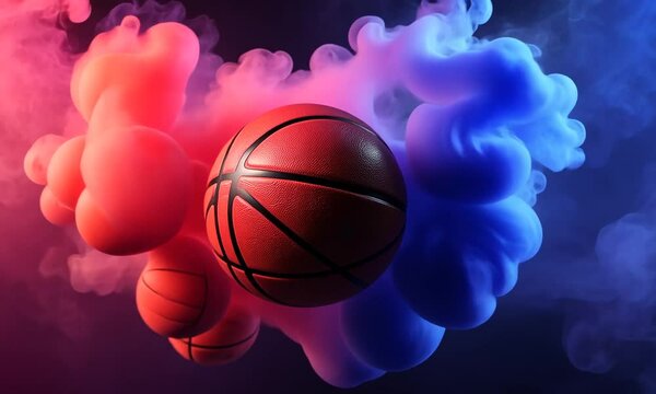 A basketball surrounded by colorful smoke, creating a dynamic and vibrant visual effect.