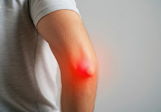 Close-up of male arm experiencing intense elbow pain, visually depicted with red highlight on grey background