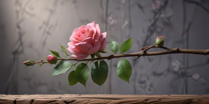 Single Morden Blash rose bloom on a wooden branch, wooden details, morden blash