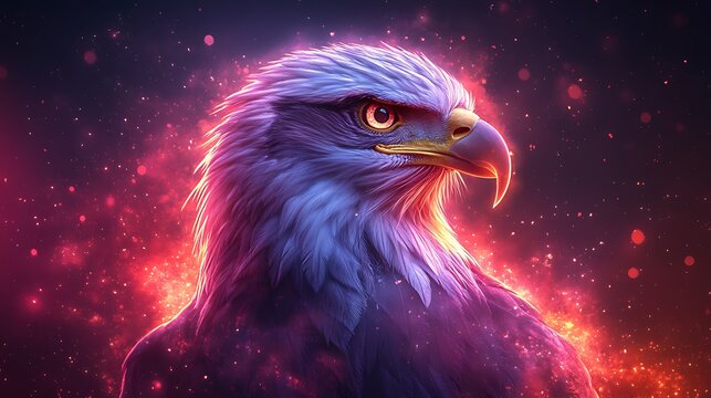 Abstract neon glowing eagle head outline against a modern vivid gradient background