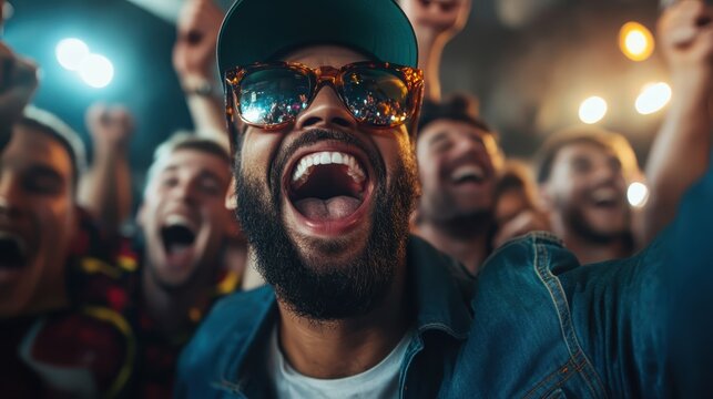 A group of people enjoying together at a joyful concert scene, emitting happiness and festive vibes, unified in a shared thrilling experience with bright lights.