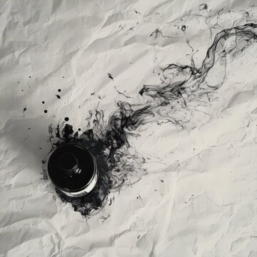 Overhead view of an open ink bottle spilling black ink across a crumpled white paper background. The dynamic flow and abstract patterns create a bold artistic effect. AI generated.