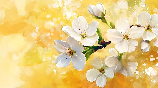 Gleaming white blossoms on golden yellow abstract digital painting artwork.. AI Generated