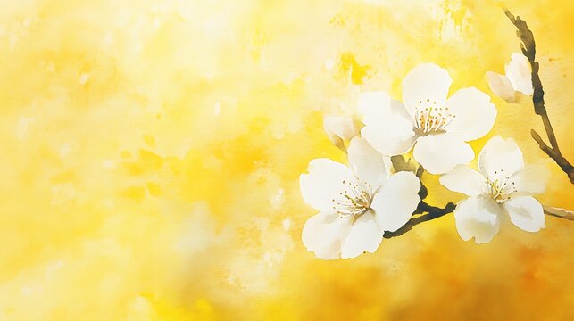 Blooming White Flowers on Vibrant Yellow, Digital Painting, Abstract Style.. AI Generated