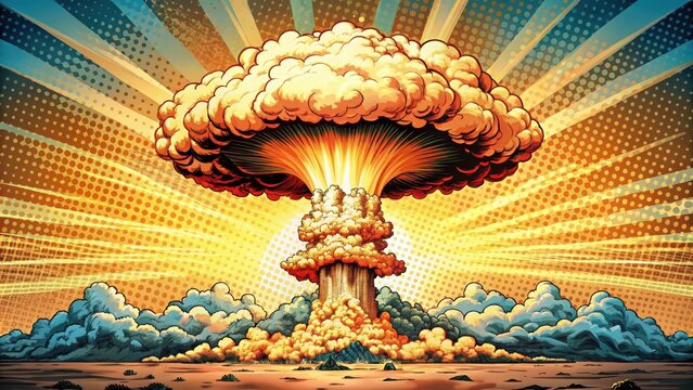 Retro comic style of a massive nuclear bomb explosion with a mushroom cloud in the sky