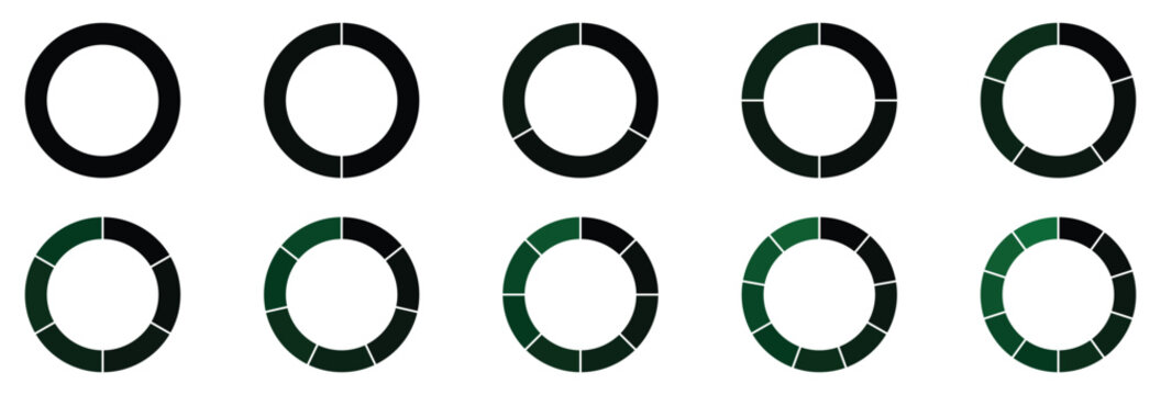 Set of infographic circle chart, pies segmented with equal parts, Wheels divided in eleven sections. Circle section graph, Pie chart round. Pie chart divided 1, 2, 3, 4, 5, 6, 7, 8, 9, 10 equal parts.