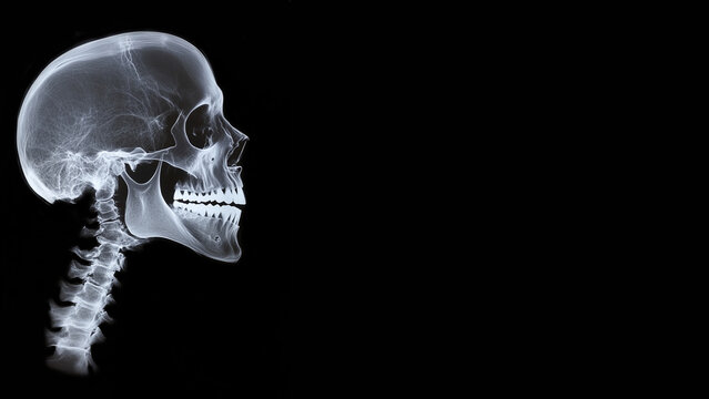 X-ray of a skull and cervical spine, profile view, lateral view, side shot, copy space, 16-9
