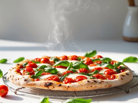 Fresh tomato and basil pizza on cooling rack after baking in kitchen oven