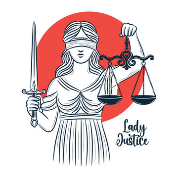 Lady Justice holding scale and sword with hand drawn  style vector illustration