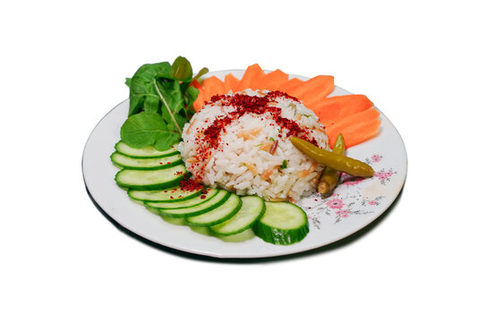 Cooked rice served with raw vegetables and spices horizantal 16:9 with salad, white background high quality, turkish name is "pilav" 