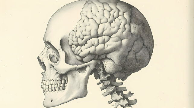 A side profile of the human skull, showing the bone structure, skull, side view, clipart. Etherwood. Illustration