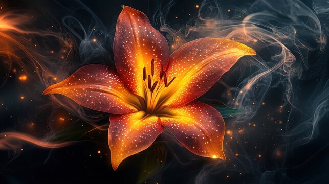 Fiery orange lily blossom in swirling smoke and sparks.